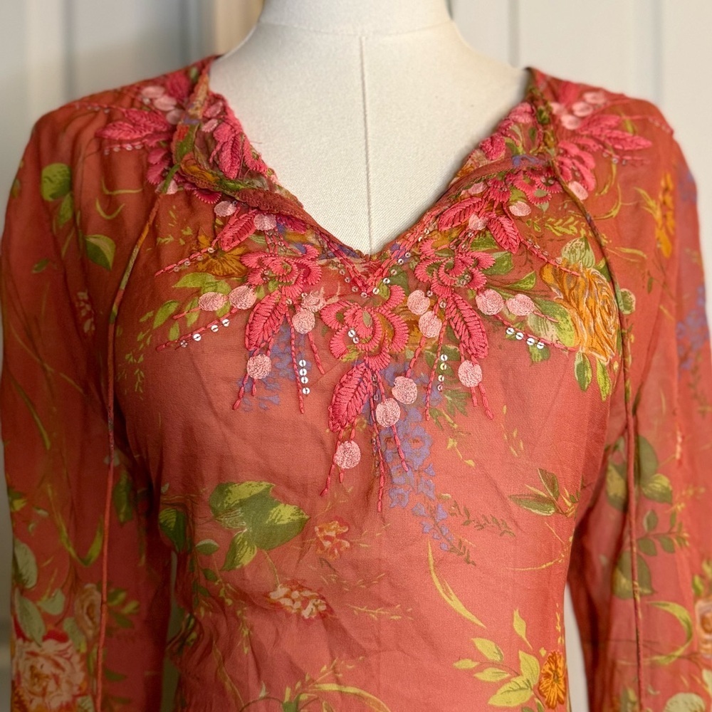 100% Silk Fairycore Blouse Small Beaded Y2K Sheer Cabi - Picture 5 of 5